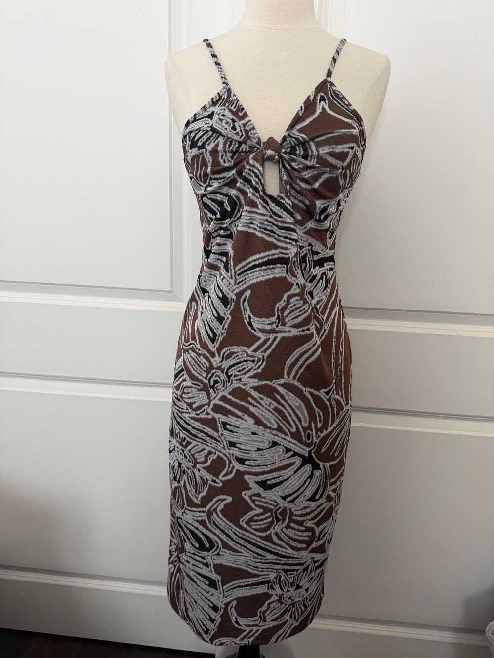 Zara Brown Abstract Floral Textured Knit Twist Knot Keyhole Midi Dress